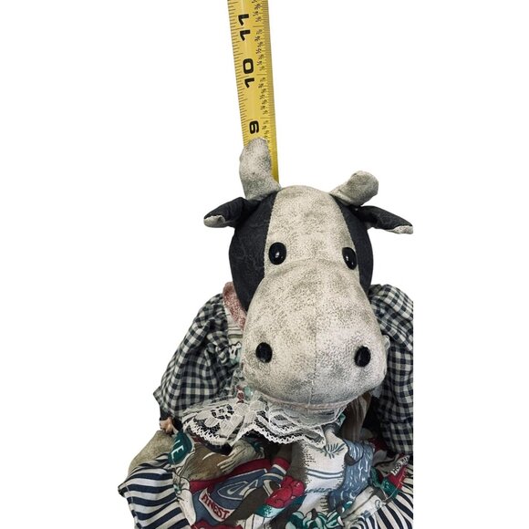 Stuffed Plush Toy Country Cow Handmade Dress Blue White Plaid 17" Animal - Picture 4 of 8